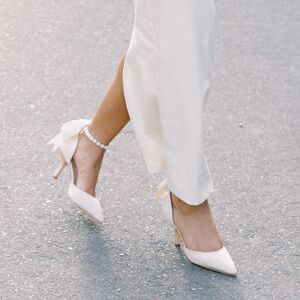Elegant Pearl-Embellished Satin Heels - Cream